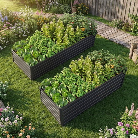 2 Pack 8x4x2ft Metal Galvanized Raised Garden Bed,Galvanized Planter Boxes Set or Vegetables Flowers Ground Planter Box,Black
