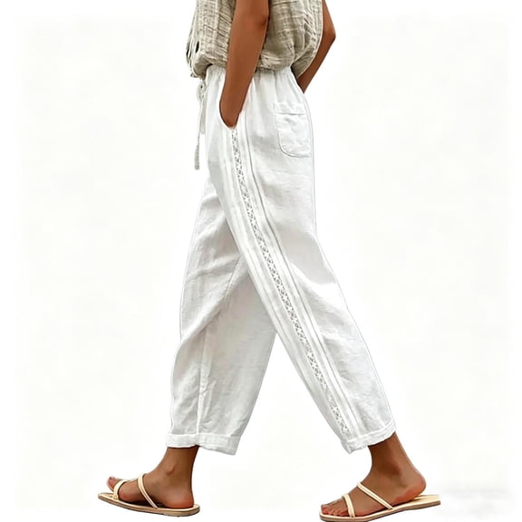 Lenpel Womens Cotton Linen Pants Lounge Drawstring Elastic Waist Tapered Trousers with Pockets Lightweight Block Color Clothes