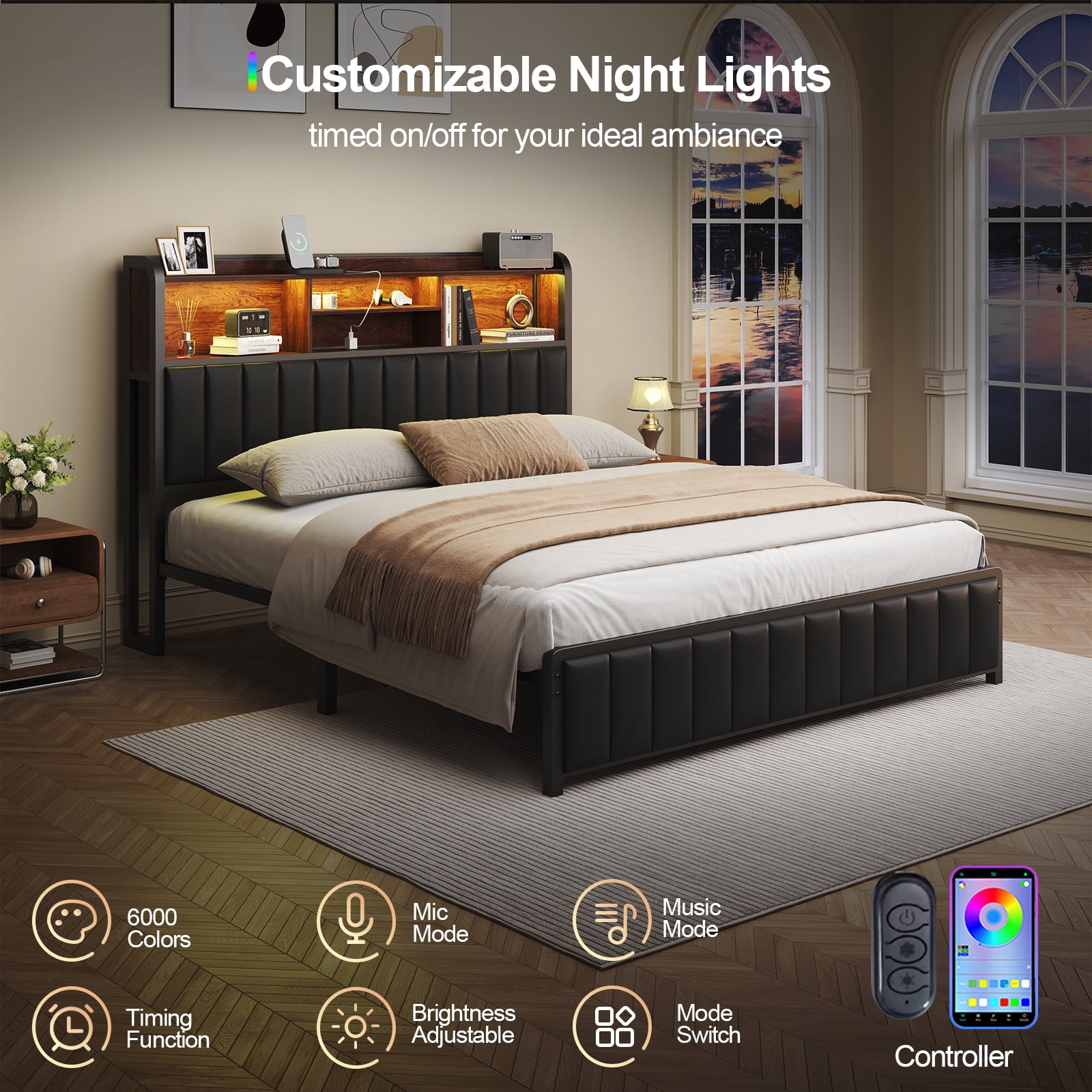 Metal Platform Bed Frame with Storage Headboard and Charging Station, Queen Size Bed with LED Lights, Faux Leather Upholstered Footboard, Under-Bed Storage, Noise-Free, No Box Spring Needed, Black