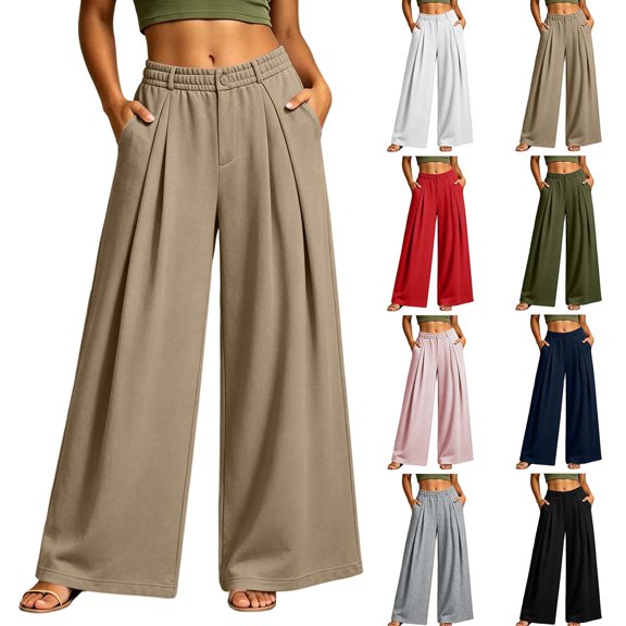 Smsaxvxz Women's Wide Leg Sweatpants Casual Solid Zipper Button Elastic Waist Work Travel Pants with Pockets Khaki M