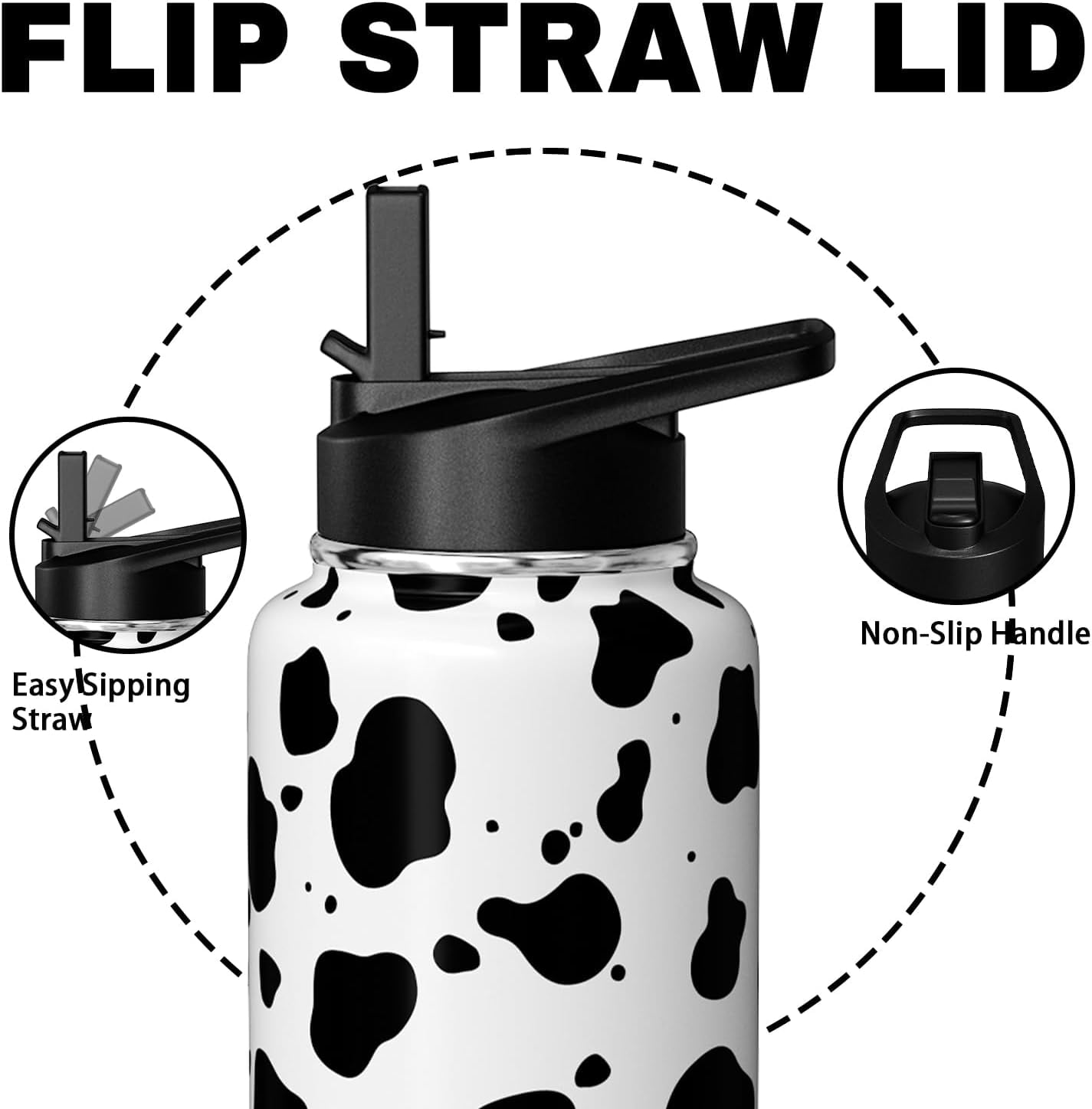 Cow Print Water Bottle with Straw Lid 32oz Vacuum Insulated Sports Water Bottles Cow Gifts for Women Men Cow Print Stuff Accessories Stainless Steel Thermos Travel Mug