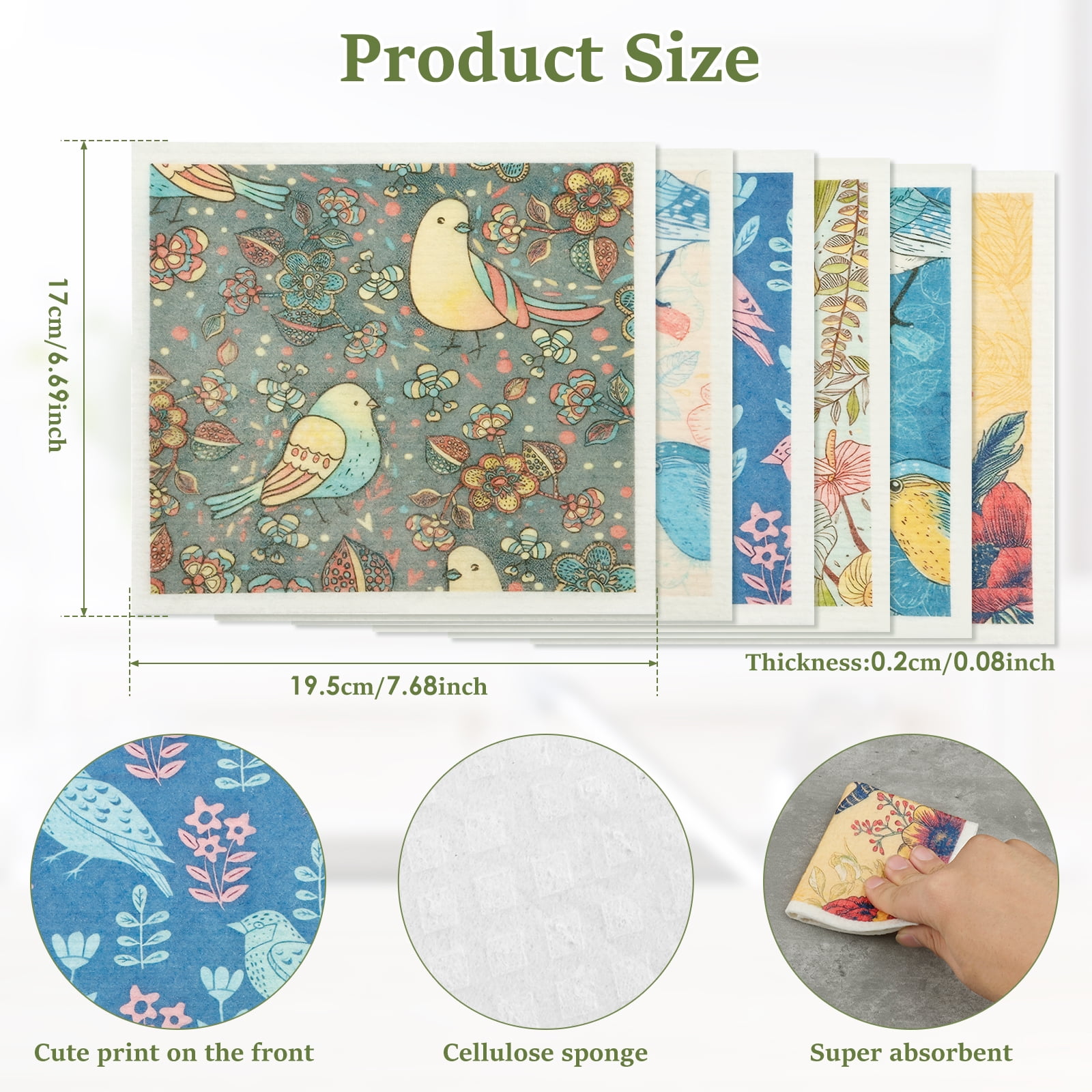 Hvxrjkn 12Pcs Swedish Dishcloths Reusable Kitchen Dish Towels Absorbent Dishcloths Washable Soft Cellulose Sponge Cloths 7.7 x 6.7in Kitchen Wash Rag for Washing Dishes