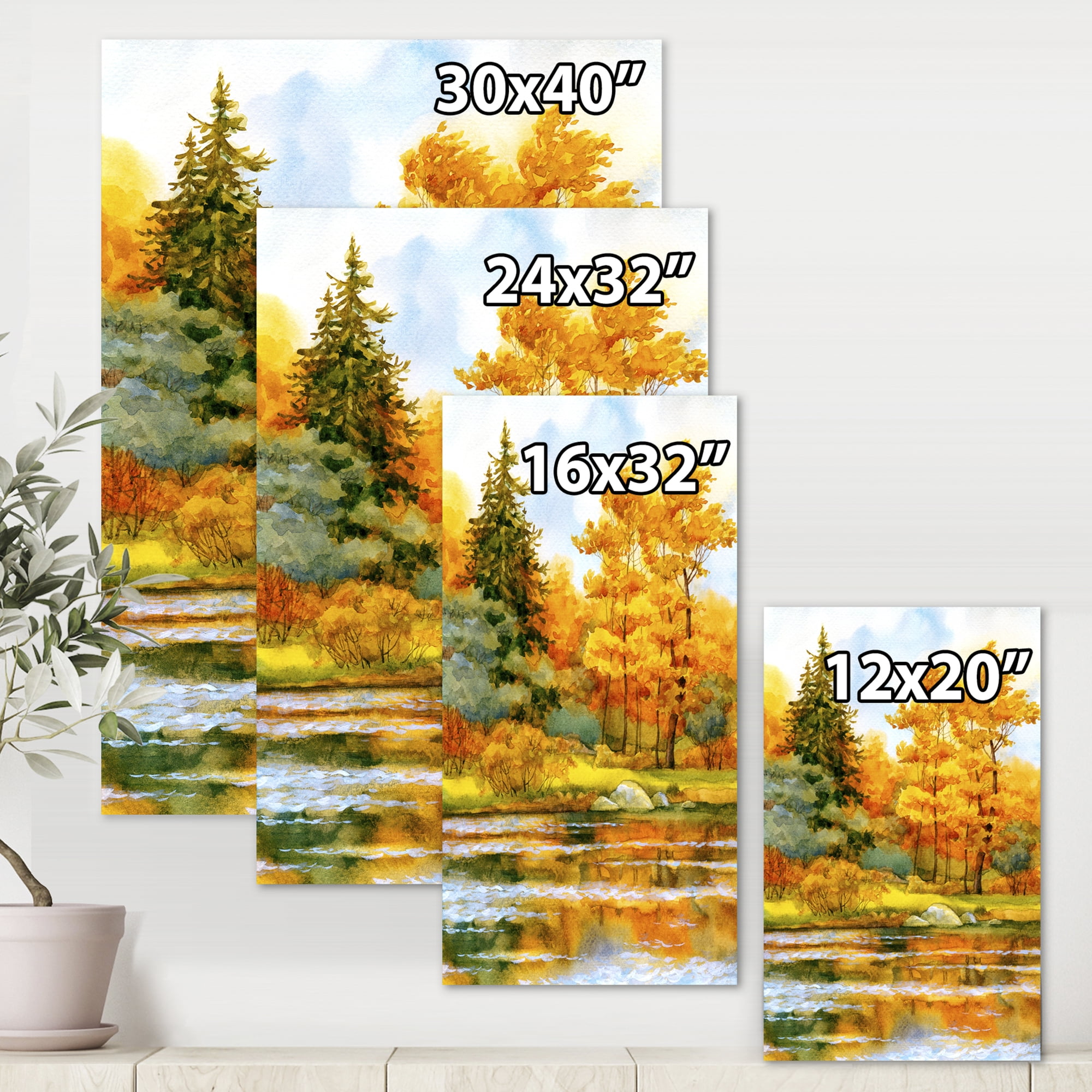 Designart ' Autumn Forest By The Lake Side II ' Lake House Canvas Wall Art Print