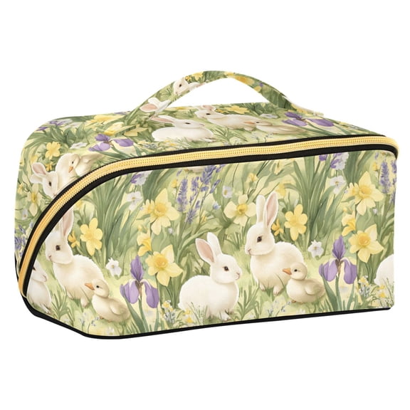 FORMRS Makeup Bag Travel Cosmetic Organizer for Women Fold Flat Zipper Pouch with Handle, Yellow Floral Rabbit