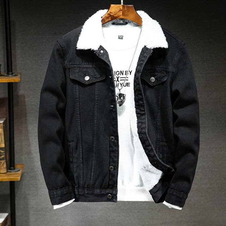 Mens denim jacket deals with fur black