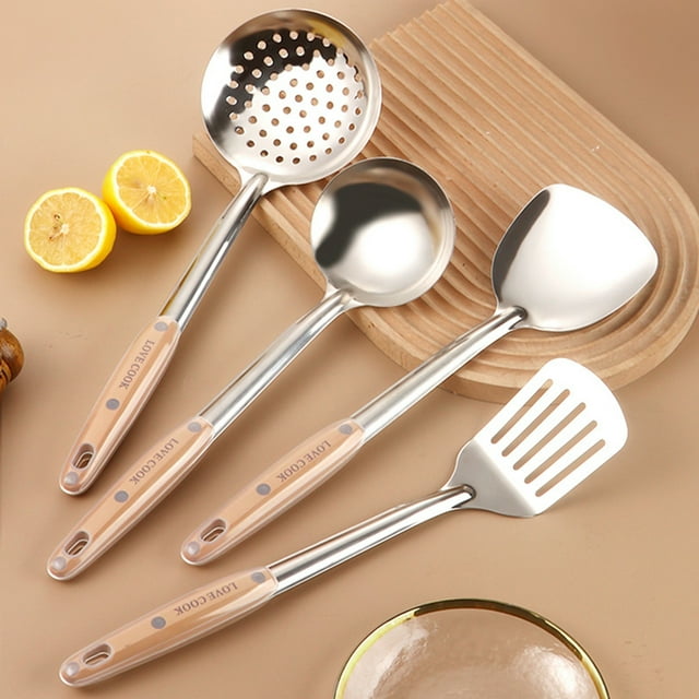 ZZkhGO 4 Piece Stainless Steel Kitchen Utensil Set, Heat Resistant Cooking Tools, Spatula Turner Spoon Strainer Set