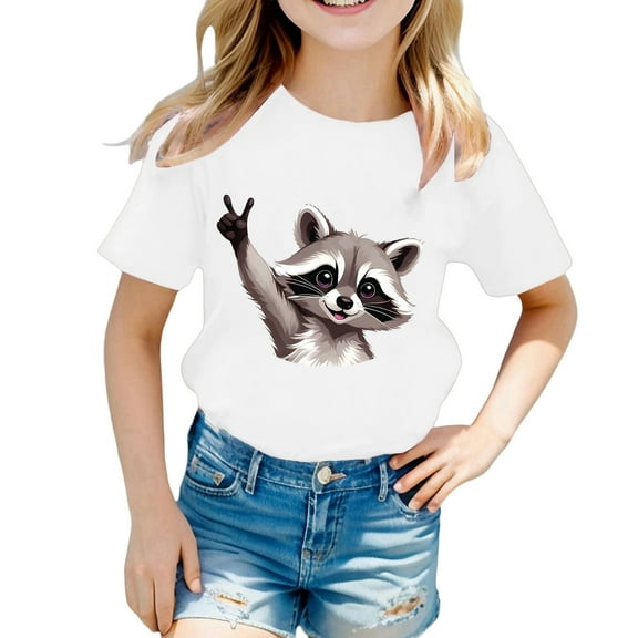 YUEHUA Cute Shirts for Girls Back To Summer Short Sleeve T Shirt Cute Cartoon Animal Print Loose Fit Casual Top Round Neck Tee, Size 6-7 Years