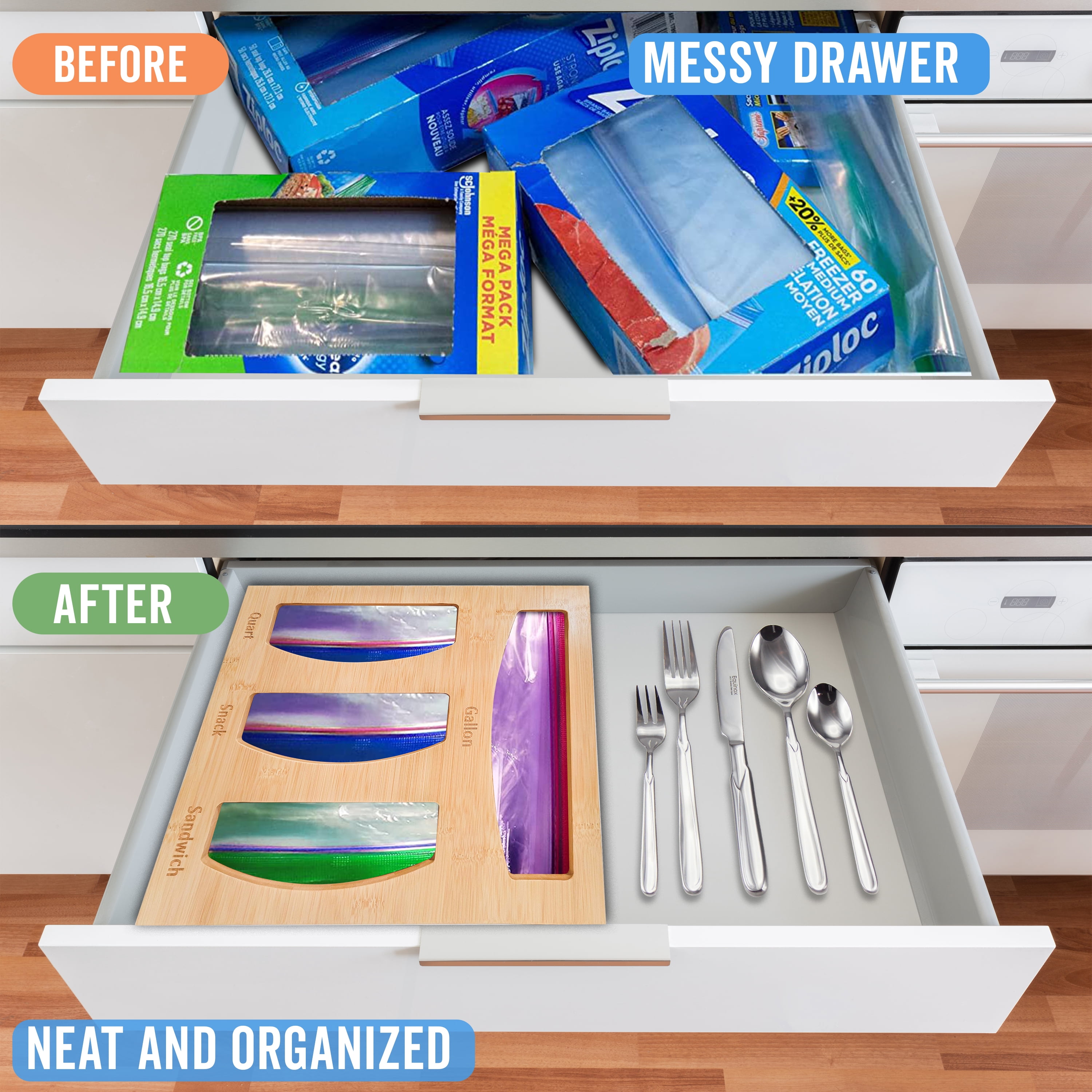 Dharmagic Storage Bag Organizer - Bamboo Storage Containers with Laser Engraved Labels Compatible with Gallon, Quart, Snack & Sandwich Bags from Most Brands - Fits Standard Kitchen Drawers