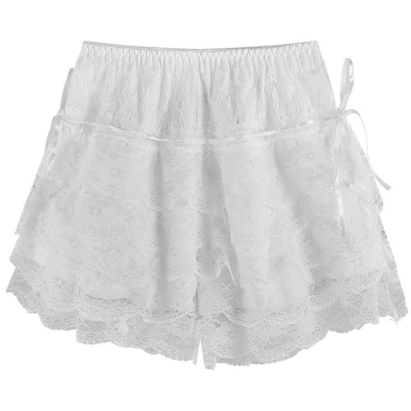 Byfri White Bow Lace Layered Ruffle Bloomers Shorts Women's Casual Safety Shorts One Size