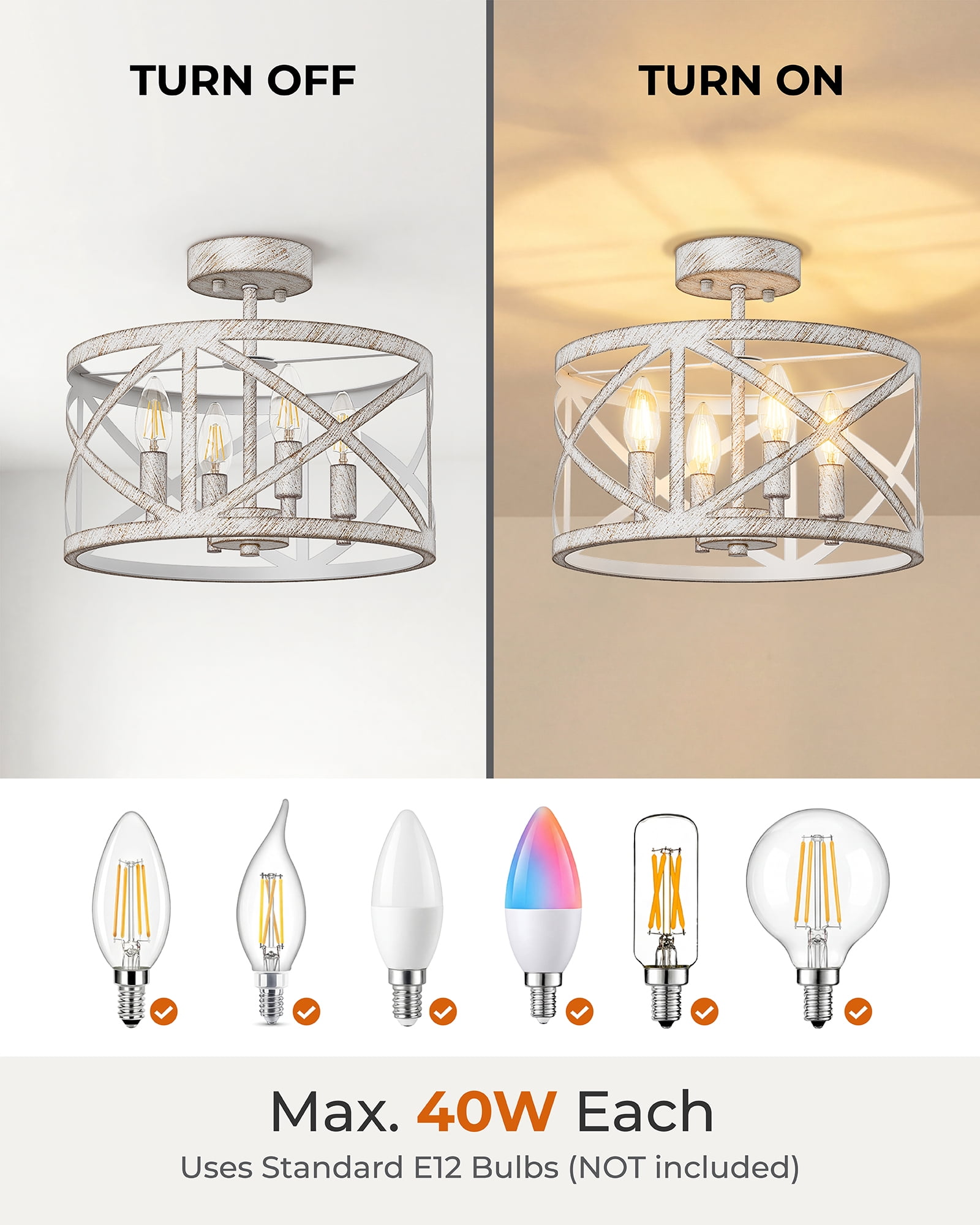 12" Semi Flush Mount Ceiling Light Fixture, 4-Light Farmhouse Modern Ceiling Light, Kitchen Lights, Hallway Light Fixtures, Ceiling Lamp for Entryway Dining Room Bedroom Laundry Lighting, White