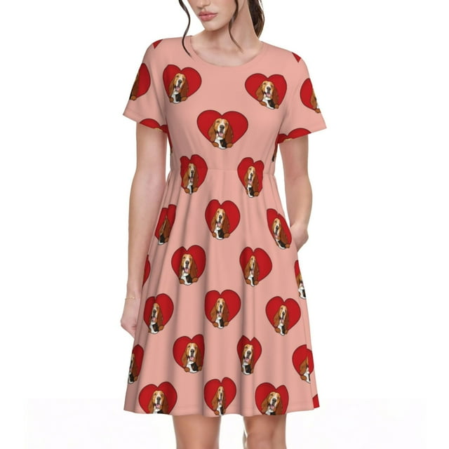 Gaeub Basset hound dog avec Empreinte de Patte Robes pour Femmes, Tunique à Manches Courtes Décontractée, Robe Midi d'Été pour Femmes, Robe à Manches Courtes pour Femmes