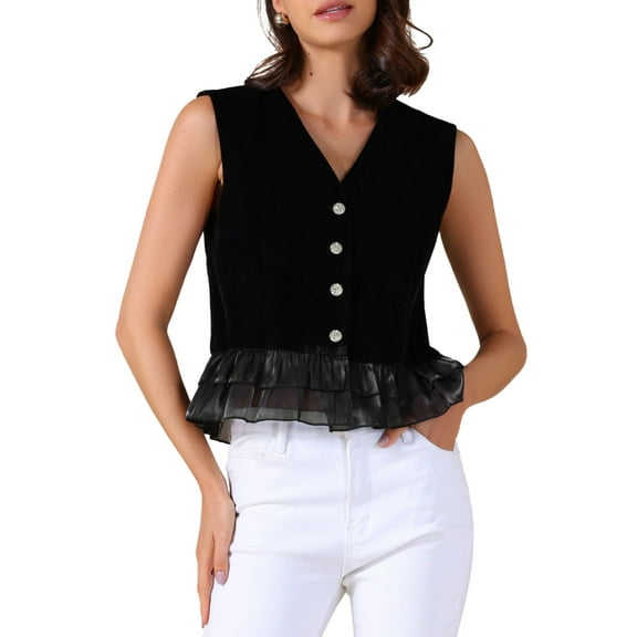 Women's Vintage Vest Velvet Mesh Hem Button Down Cocktail Party Vest S Black