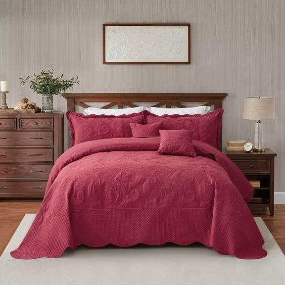 Blythease Oversized King Bedspread 128x120 Extra Wide, Paisley Pattern Design, Lightweight Bedding Cover, Reversible, 5 Piece, 100% Microfiber, Wine Red