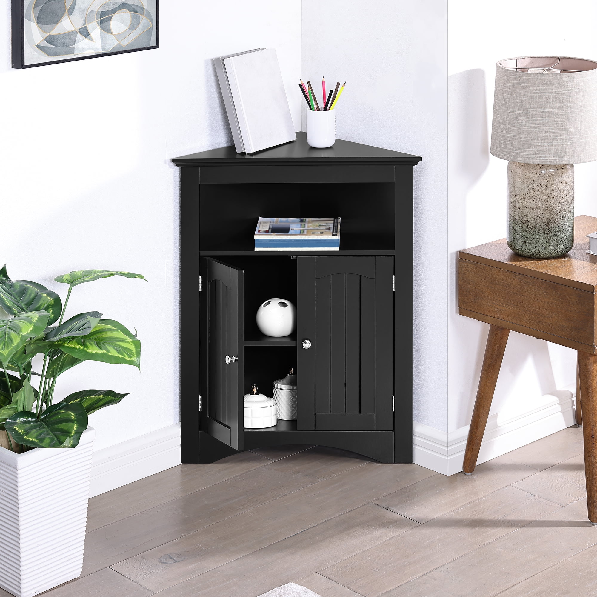 Small Corner Cabinet, Wood Corner Storage Organizer with 2 Doors, Adjustable Shelves, Open Storage, Pantry Cabinet for Living Room, Kitchen, Bathroom