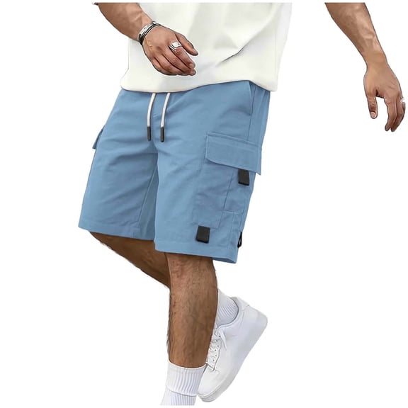 Men's Cargo Style Shorts Solid Elastic Waist Drawstring Side Pockets Utility Design Casual Fashion Summer Shorts Light Blue L