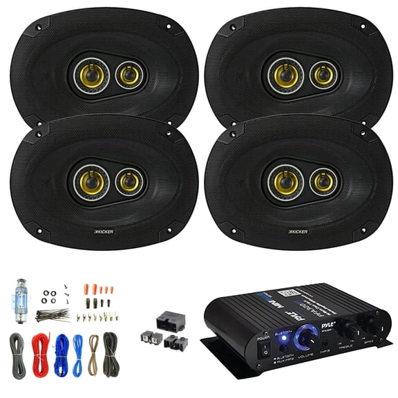 4x Kicker CS Series 46CSC6934 6x9" 450 Watt Max Power Coaxial Black Car Audio Speakers, 2-Channel Bluetooth Mini Compact Amplifier W/8 Gauge Wiring Install Kit   Quick Disconnect Power Block