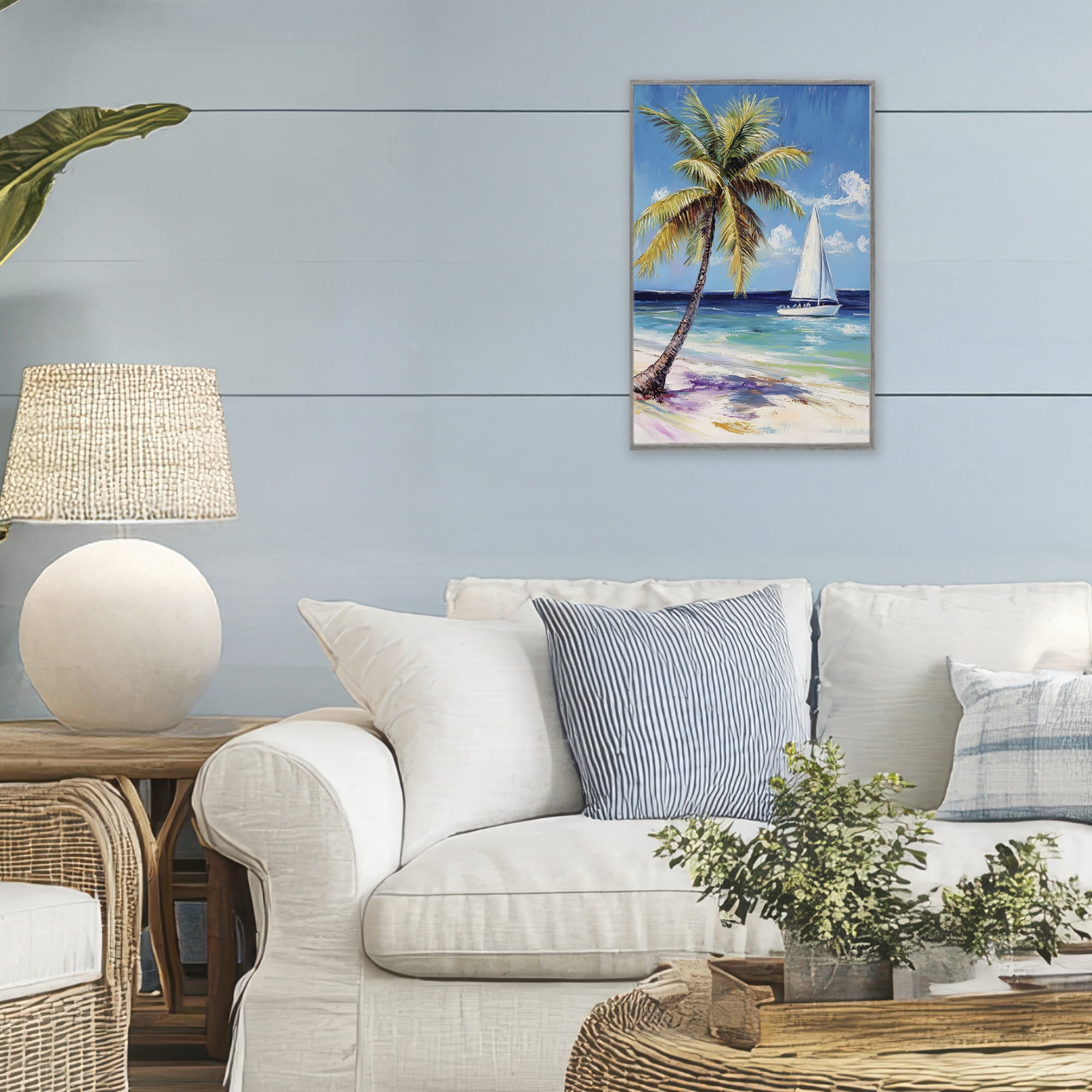 Stupell Industries Sailboat Delight with Palm Tree Gray Framed Giclee Art, design by Petal Prints Design