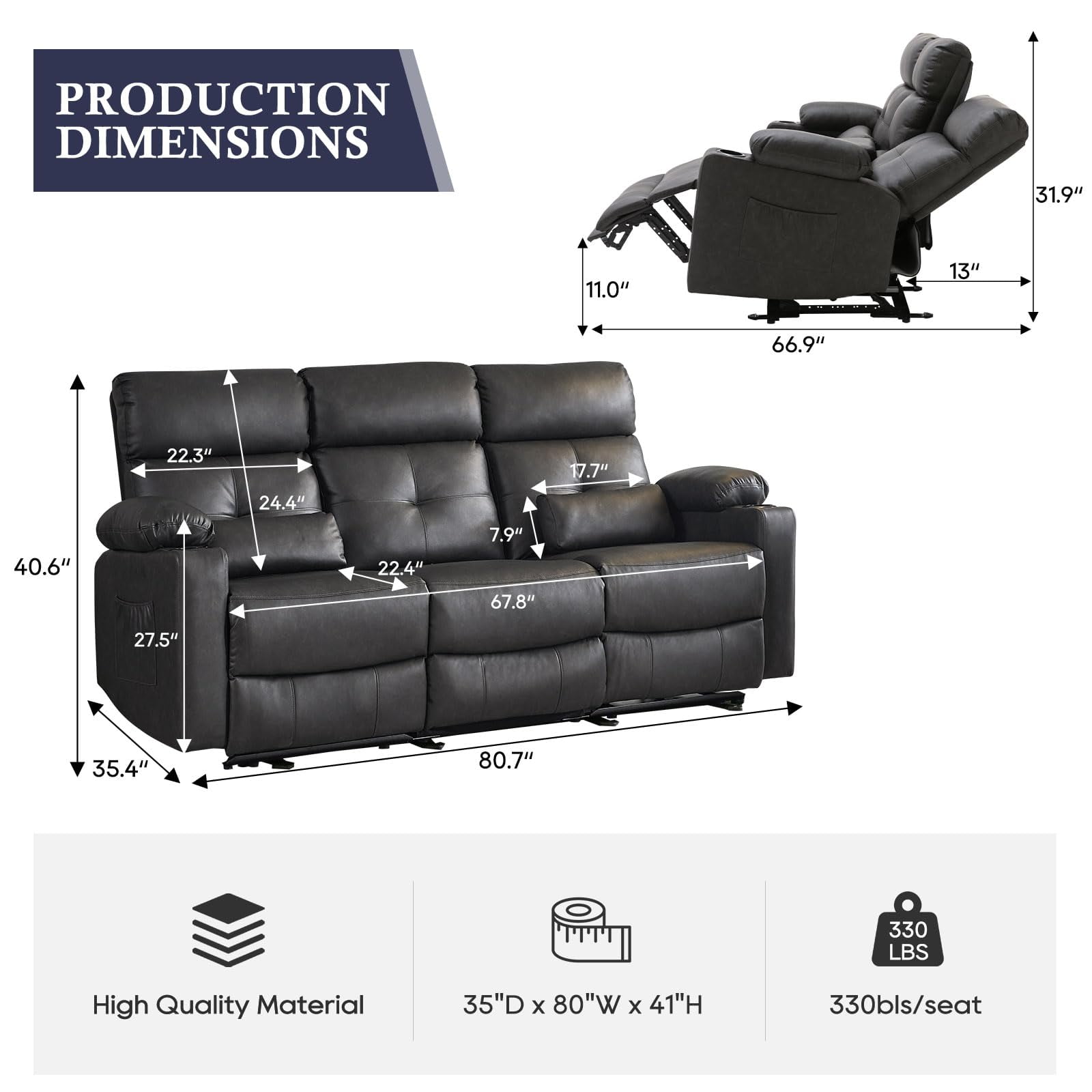 80'' Power Reclining Sofa with Heat and Massage, Electric Reclining Couch with Extended Footrest, Wall Hugger 3-Seater Recliner Sofa with USB Ports, Cup Holders for Living Room