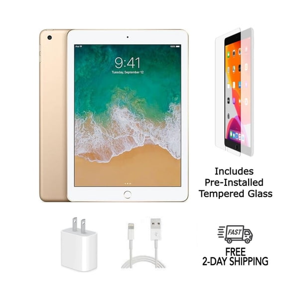 Pre-Owned Apple iPad 5th Gen A1823 (WiFi Cellular Unlocked) 128GB Gold with Pre-Installed Tempered Glass