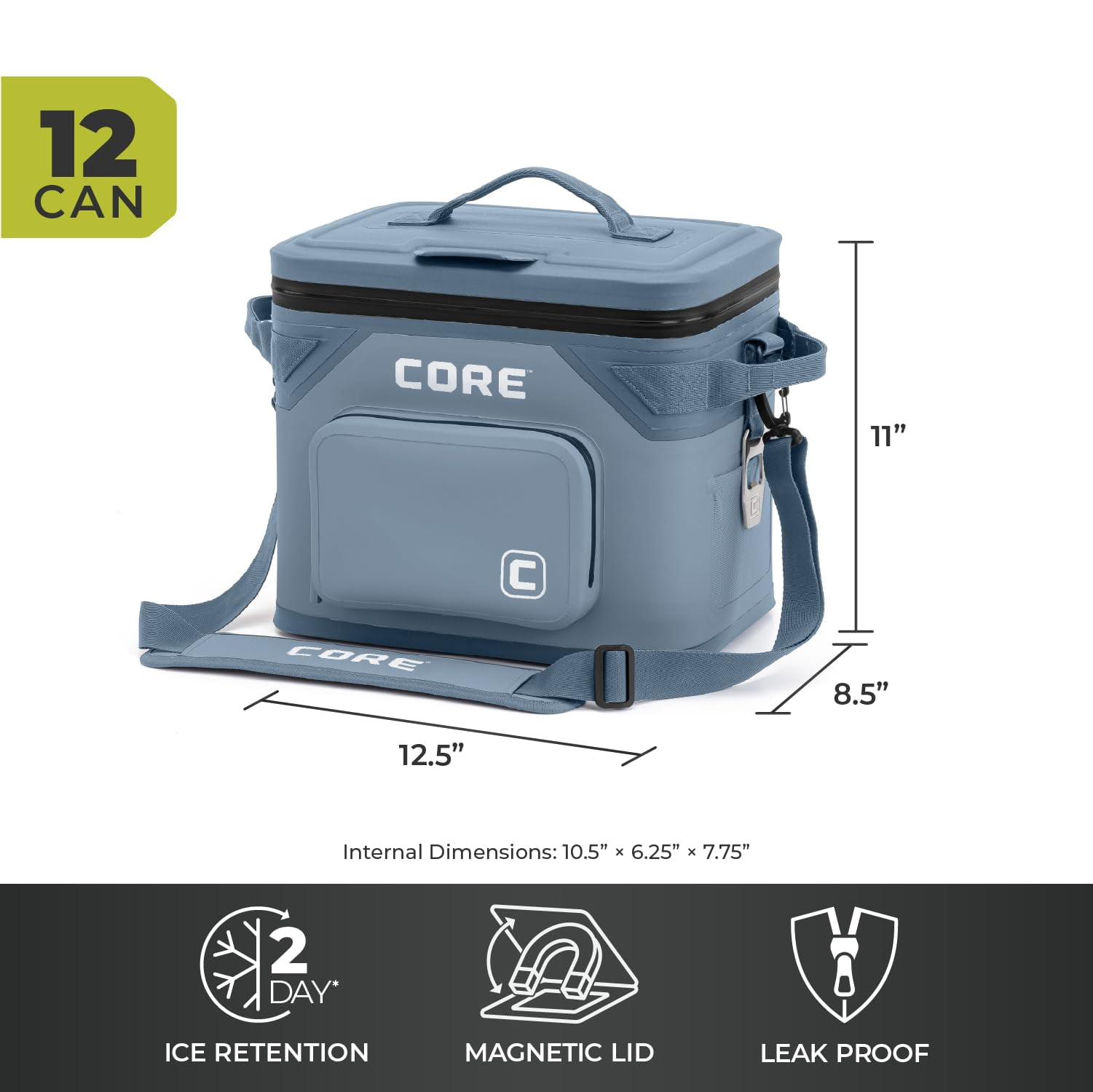 CORE 12 Can Climakeep Magnetic Soft Cooler, Leakproof Cooler, Waterproof Zipper, Steel Blue