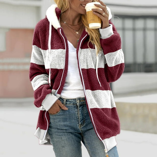 TIMIFIS Womens Winter Fuzzy Fleece Jacket Hooded Color Block Patchwork Cardigan Coats Outerwear Fashion-WineFall/Winter