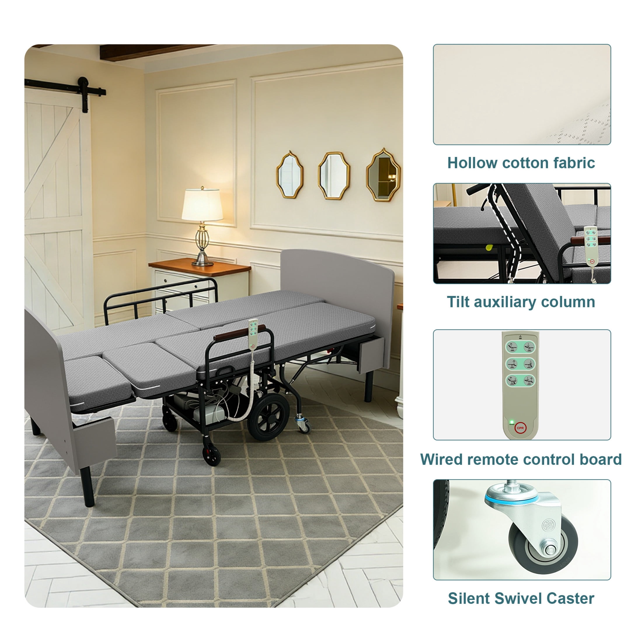 Noble House 3-in-1 Electric Nursing Bed, Adjustable Care Bed Converts to Wheelchair & Stretcher, Gray