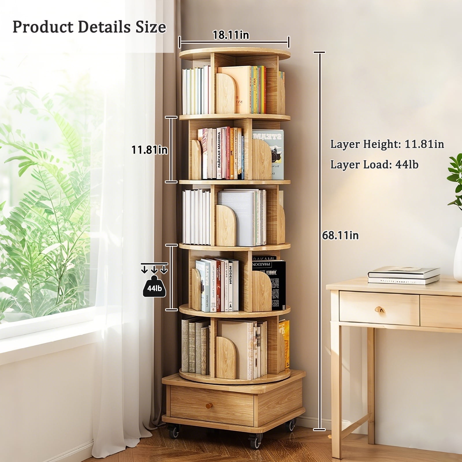 6 Tier Rotating Bookshelf, 360° Display Spinning Bookshelf Tower with Wheels and Drawer, Wood Tall Bookshelfs for Small Space, Corner Bookcase for Bedroom, Living Room, Study Room