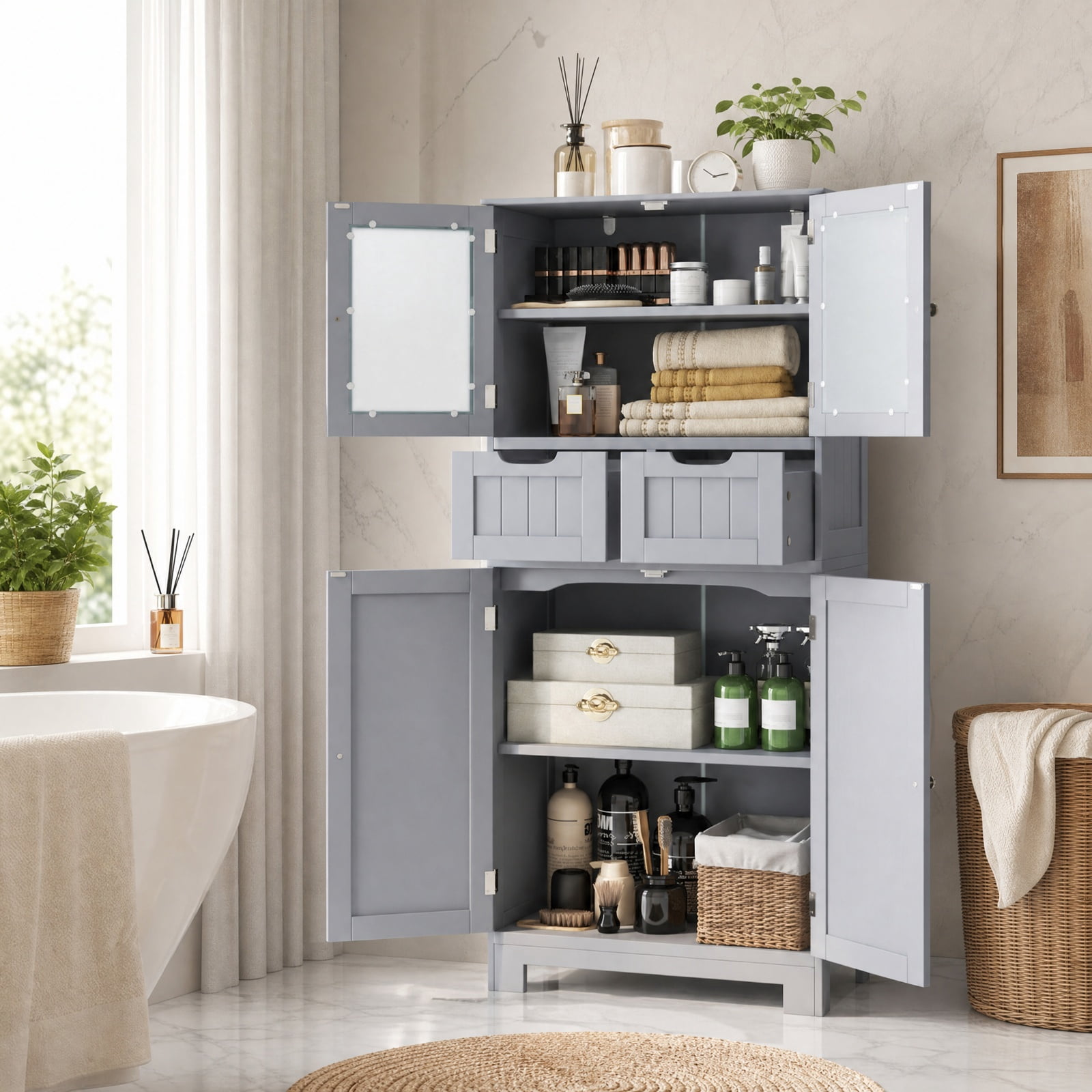 Vebreda Freestanding Bathroom Storage Cabinet, 4 Door Freestanding Bathroom Floor Storage Cabinet with 2 Drawers and Glass Doors