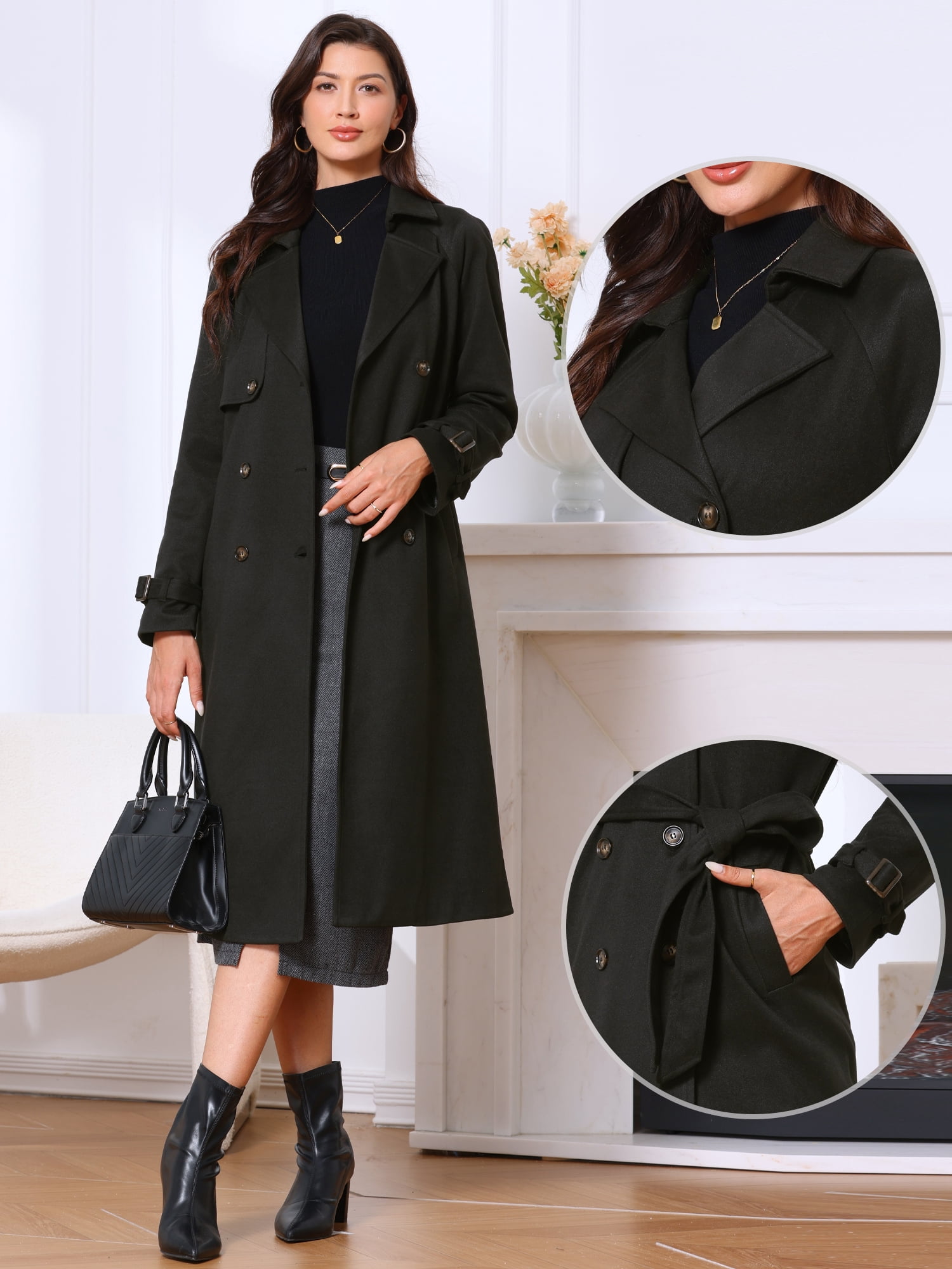 DARING DIVA Stylish Double Breasted Long Overcoat XS Black