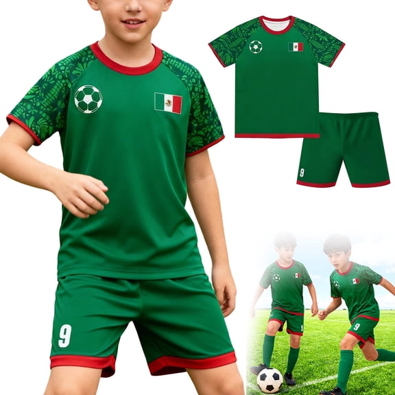 KDFJPTH Toddler Girls Outfit Sets 2026 Usa/Cmc Football Mexican Fan Raglan Sleeve Shorts Family Material Kids Clothing Sets