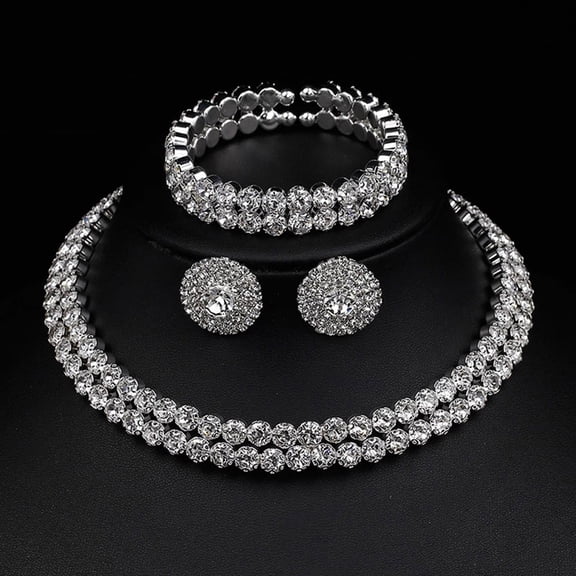 SmartBy 3 Pcs/Set Women Jewelry Set Rhinestone Double-layered Floral Decor Necklace Earrings Bracelet Set Adjustable Length Bride Wedding Jewelry for Prom Banquet