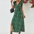 thumbnail image 5 of qolati Women's Summer Leopard Dresses Elegant Ruffle Slim Fit Belted V Neck Vacation Maxi Dress Trendy Split Hem Pleated Swing Beach Dress, 5 of 6