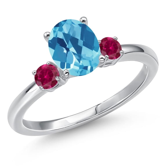 Gem Stone King 14K White Gold Swiss Blue Topaz and Red Created Ruby Engagement Ring for Women | 1.58 Cttw | Oval Checkerboard 8X6MM | Gemstone November Birthstone | Size 7