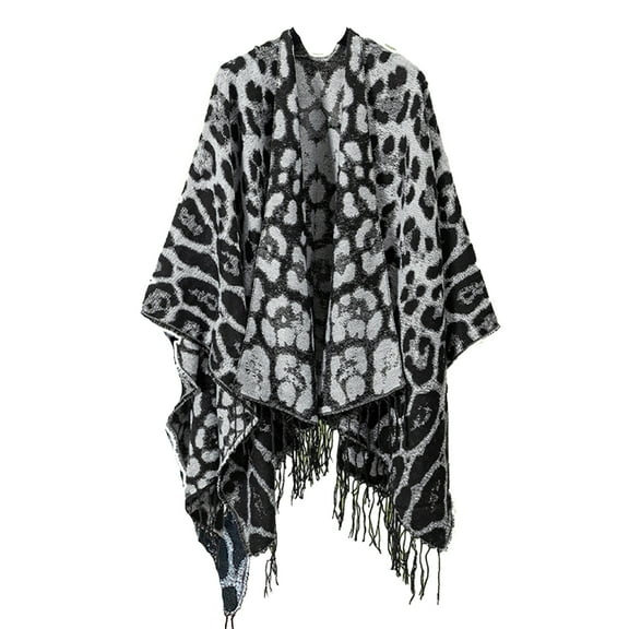 Women's Knitted Poncho with Tassel Plus Size Open Front Leopard for Fall Winter (Light Grey)