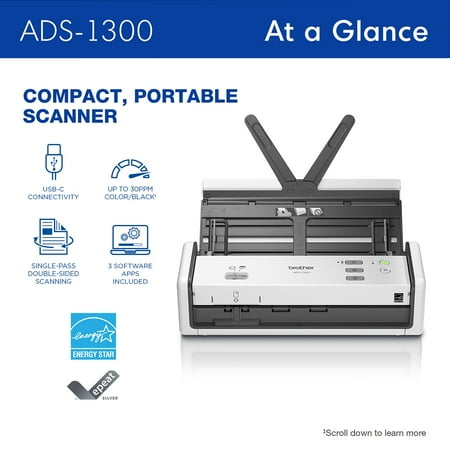 Brother - ADS-1300 Compact Duplex Desktop Scanner with Single Pass Double-Sided Scanning - White
