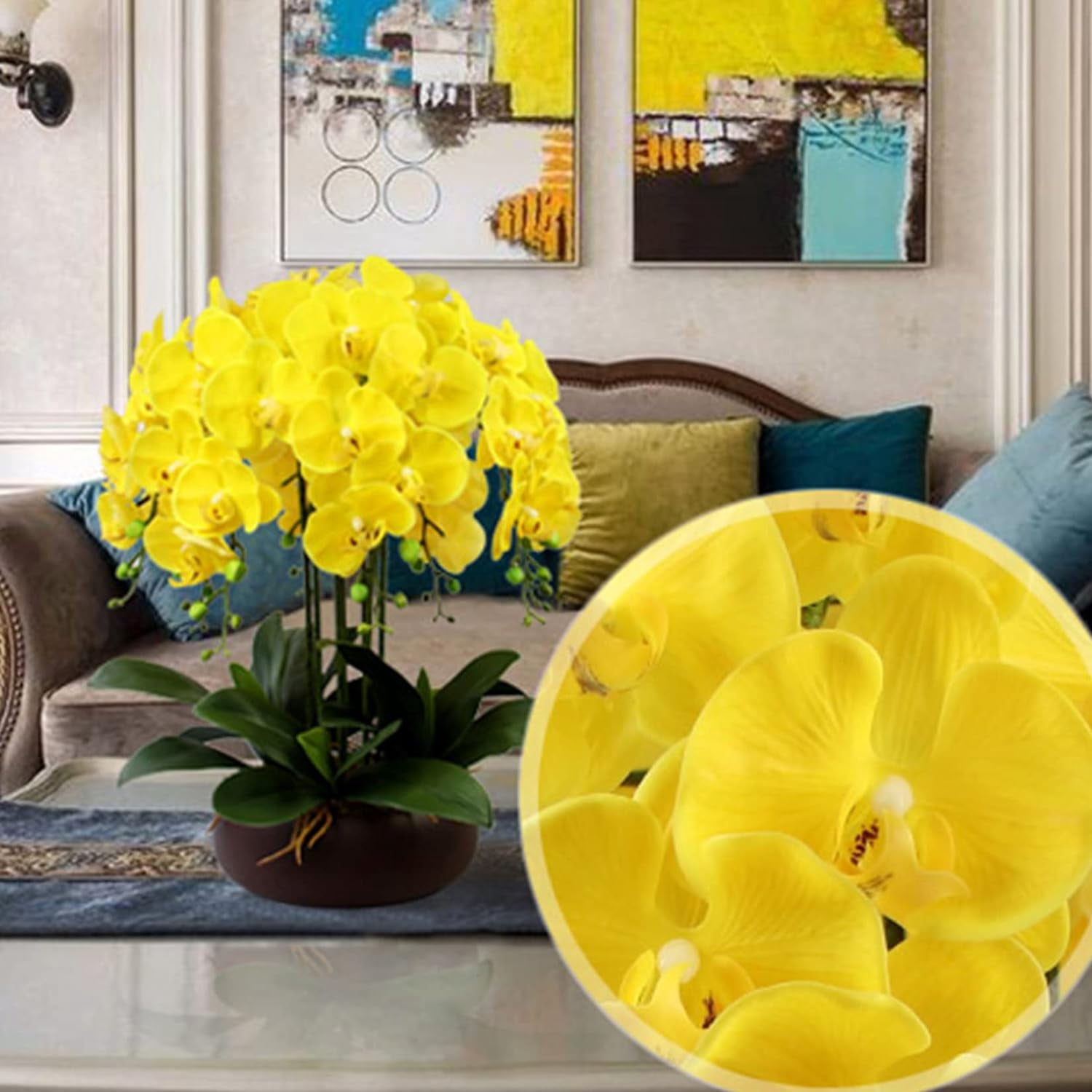 3Artificial Phalaenopsis Flowers with Leaves Artificial Orchid Flowers Stem Plants Fake Butterfly Phalaenopsis Flowers for Home Wedding Party Décor (Yellow)