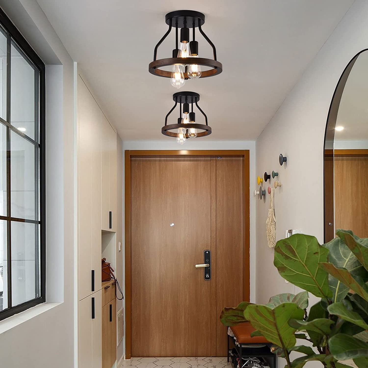 FETCOI 3-Light Flush Mount Ceiling Light, Wood Frame + Black Metal Shade Rustic Farmhouse Ceiling Lamp Fixture for Kitchen Dining Room Hallway Bedroom Study Living Room