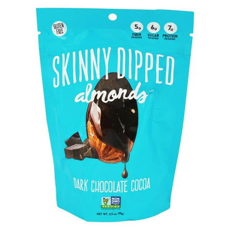 ALMOND COCOA DPPD POUCH 3.5OZ, Whole almonds skinny dipped in a thin layer of artisan dark chocolate and finished with a whisper of cocoa By Skinny Dipped