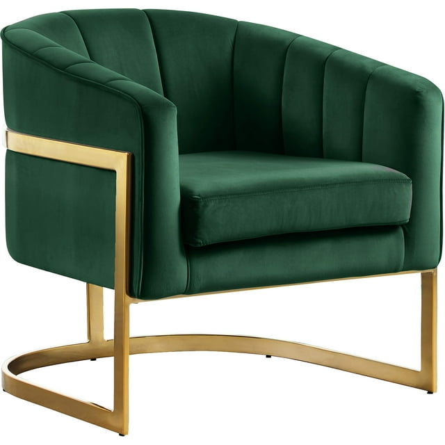 Meridian Furniture Carter Collection Fauteuil d'Appoint Moderne / Contemporain Rembourré en Velours à Dossier Tonneau avec Base en Acier Inoxydable Doré, Vert, 29 Pouces L x 27.5 Pouces P x 31 Pouces H