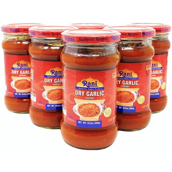 Rani Garlic Chutney 10.5oz (300g) Glass Jar, Ready to Eat, Pack of 5 1 FREE ~ All Natural | No Preservatives | Vegan | Gluten Free | NON-GMO | No Colors | Indian Origin