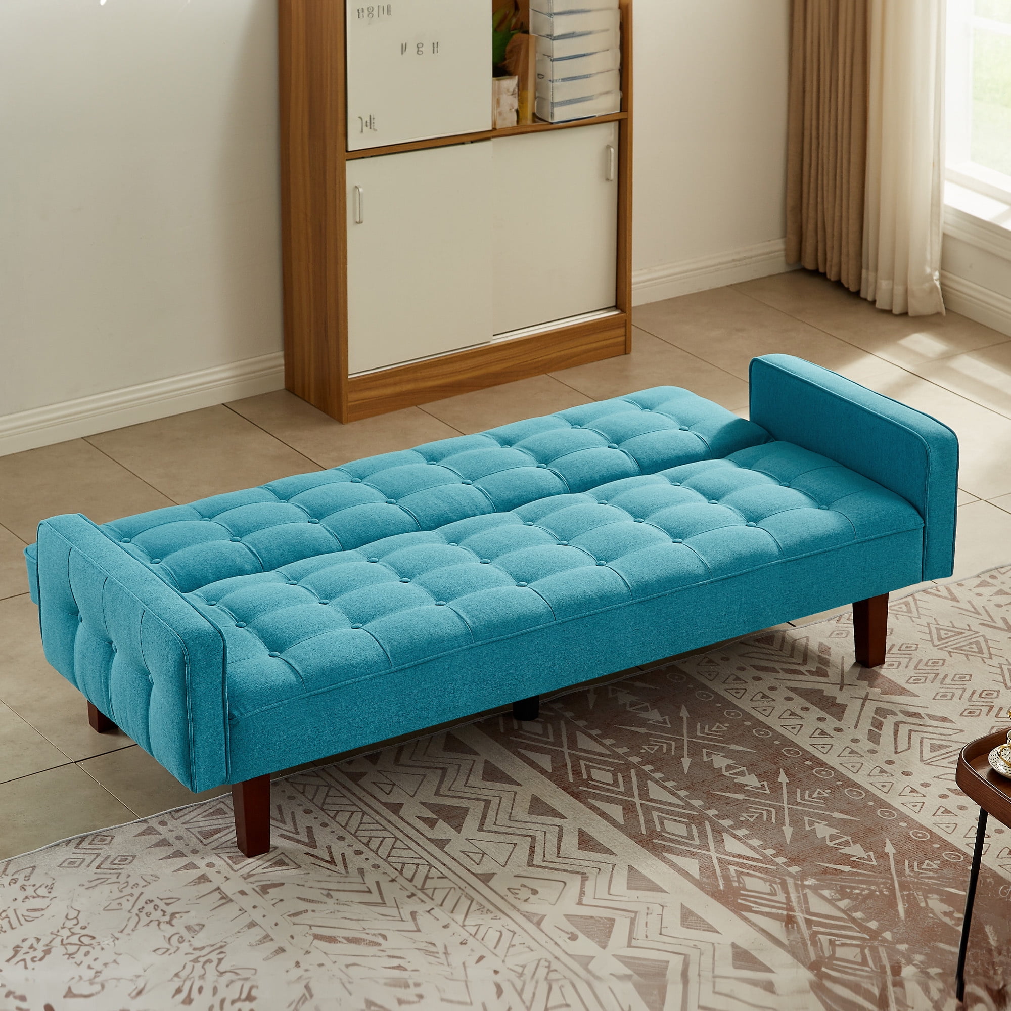 Aukfa 74" Tufted Futon Convertible Sofa Bed, Upholstered Arm Couch for Home Office, Blue