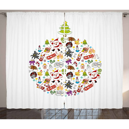 Kids Christmas Curtains 2 Panels Set, Merry Xmas Wish and Circle of Happy Cute New Year Icons Under Pine Tree, Window Drapes for Living Room Bedroom, 108W X 84L Inches, Multicolor, by