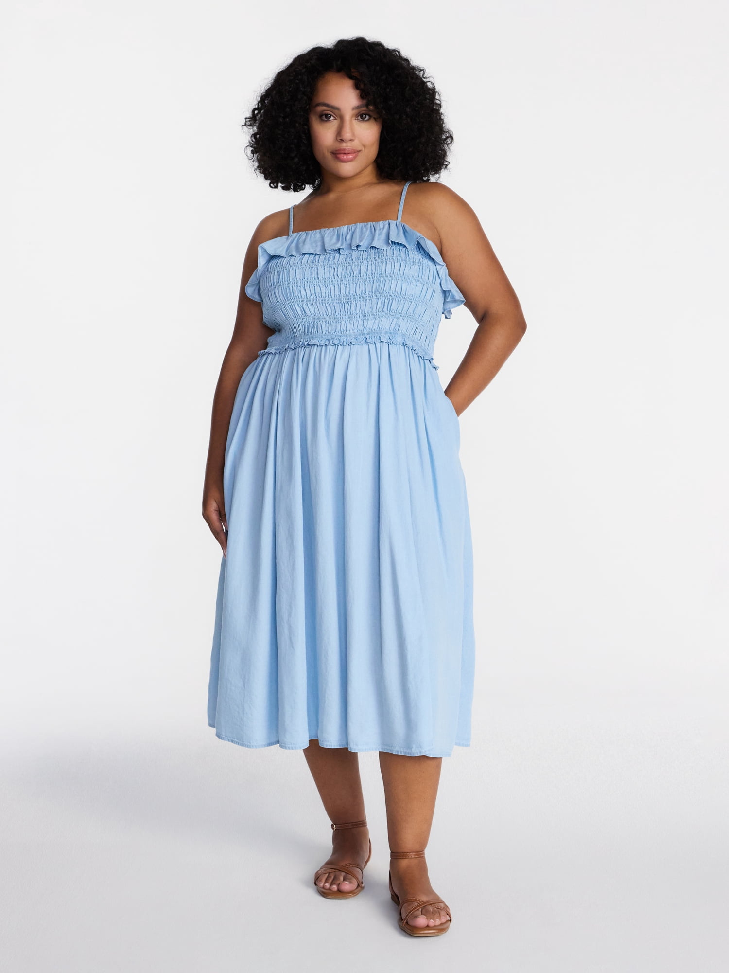 Time and Tru Women's Sleeveless Smocked Midi Dress, Sizes XS-XXXL