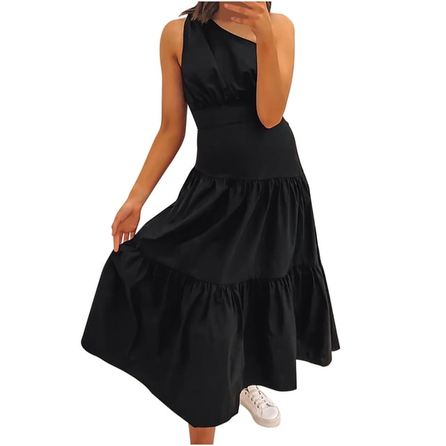 Maxivestido de playa con estampado de verano bohemio para mujer, sin mangas, con hombros descubiertos, fluido, escalonado Pompotops ghjkhdj3620