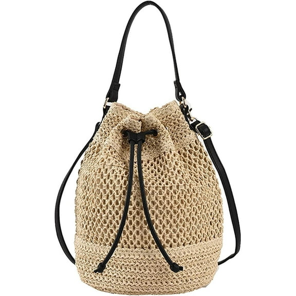 Straw Bucket Bag for Women, Summer Woven Beach Bag Drawstring Hobo Bucket Purses Handbag for Vacation