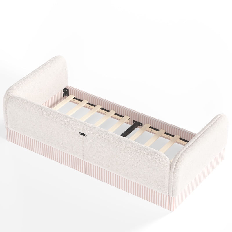 Twin Size Upholstered Floor Daybed Frame for Kids, Half-Enclosed Montessori Platform Bed with 3-Sided Surrounding Guardrails