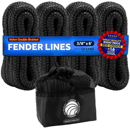 Five Oceans 4-Pack 3/8" x 6' Boat Fender Lines with 5" Eyelet, Boat Ropes for Docking with Loop, Marine-Grade Black Premium Nylon Double Braided Boat Rope - FO4698