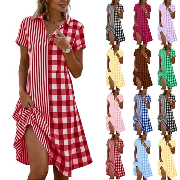 Horkkom Midi Dresses for Women V Neck Short Sleeve Shirt Dresses Summer Plaid Print Casual Dresses L