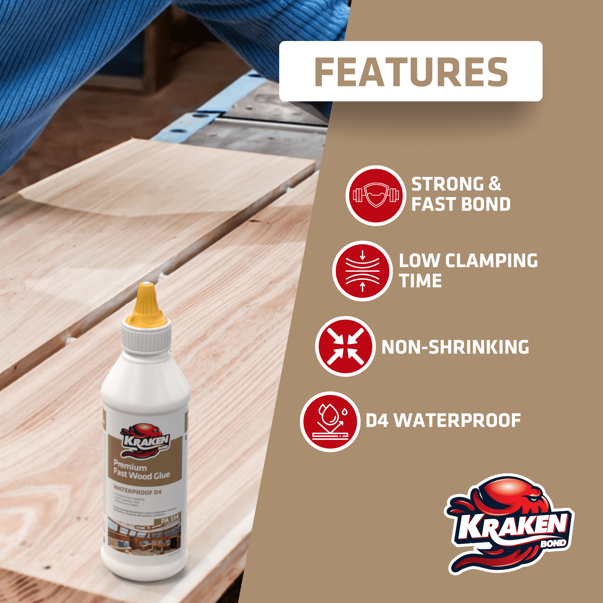 Kraken Bond D4 Premium Fast Wood Glue, Waterproof Polyurethane, 13.5 fl oz - 12 Pack