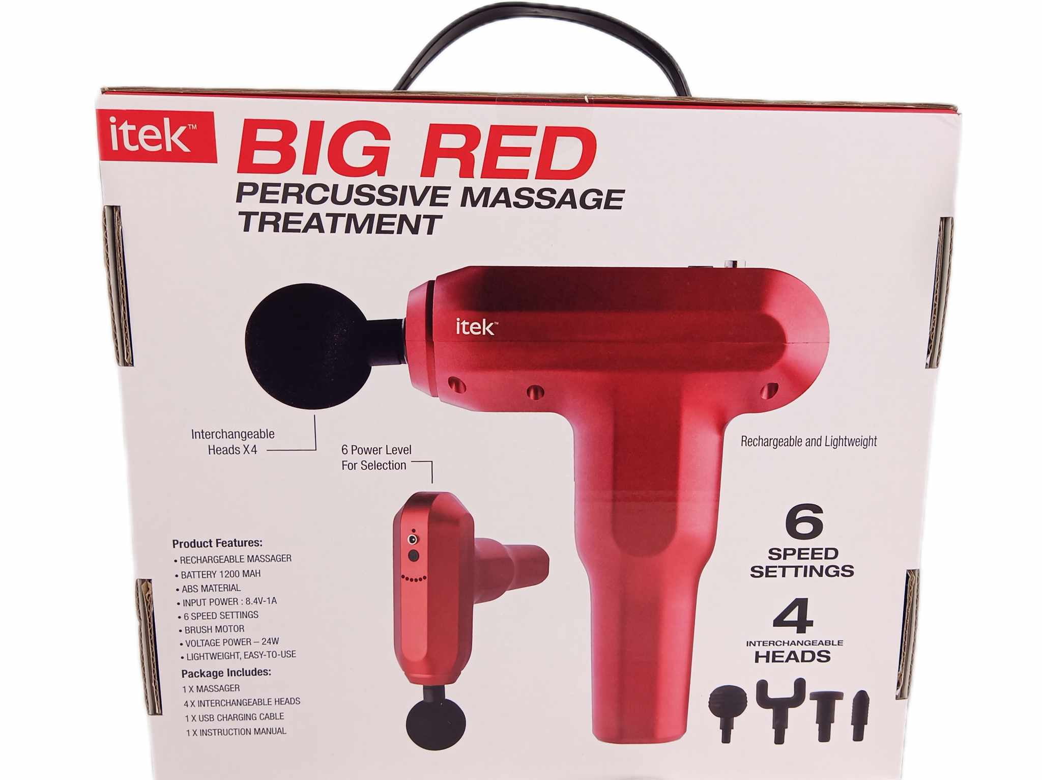Itek Big Red Percussive Rechargeable Lightweight Massage Treatment Gun, 4  Heads, 6 Speeds